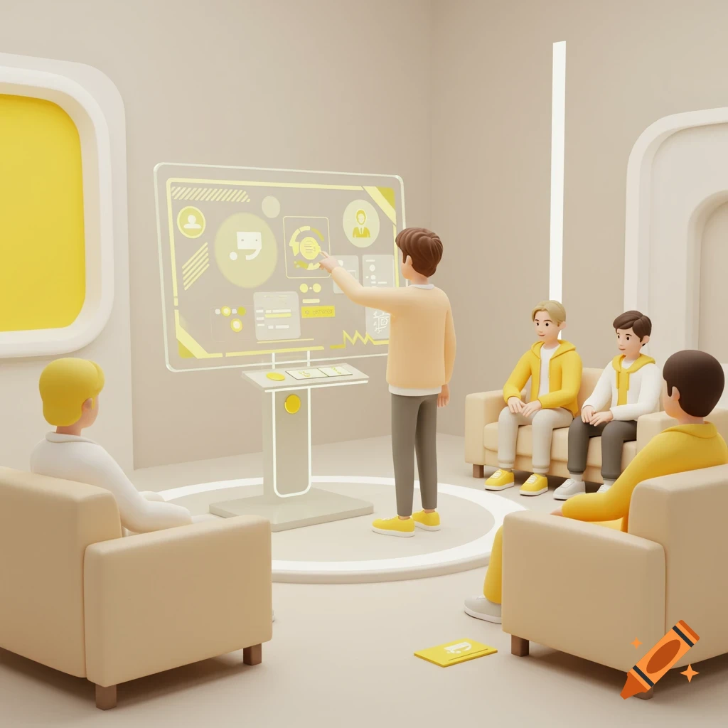 A group of stylized 3D men in a bright, minimalist room. One man presents on a glowing yellow holographic screen while others sit on couches, in a cartoon style.