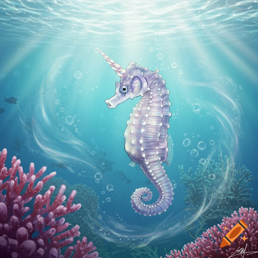 A vibrant purple unicorn seahorse swims in a sunlit ocean, surrounded by bubbles and pink coral.