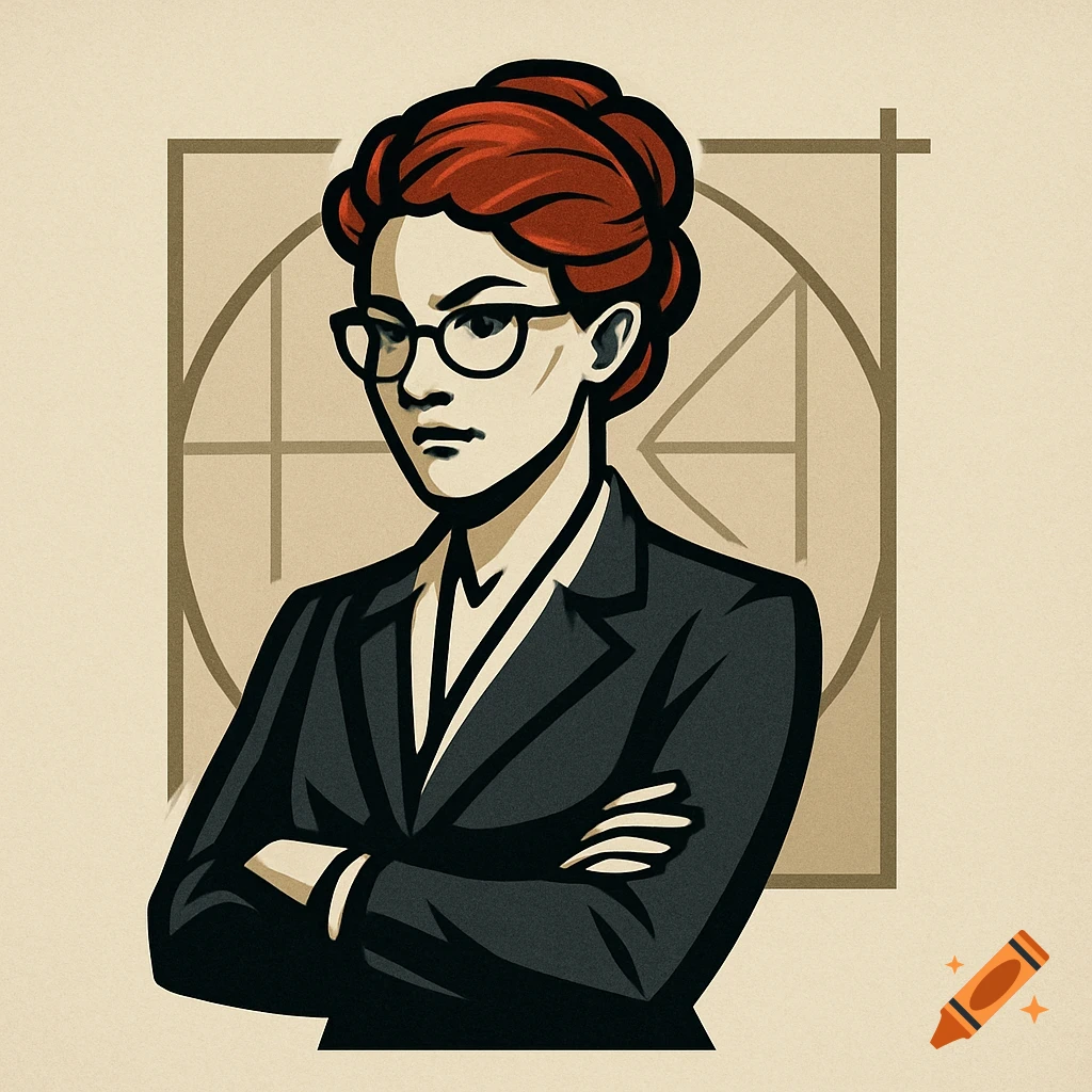 Stylized portrait illustration of a stern woman with red hair and glasses, wearing a dark suit, arms crossed, set against a background of geometric lines.