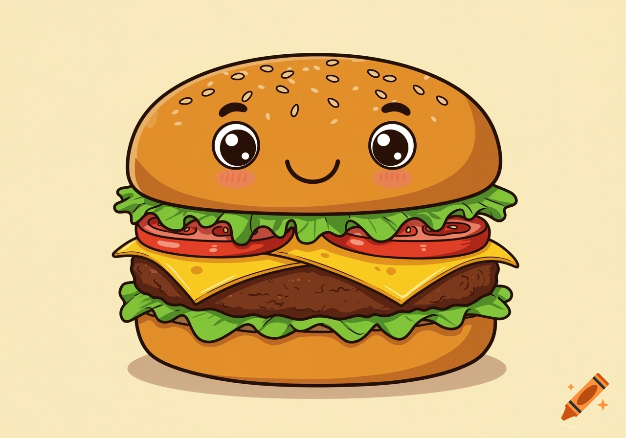 A cute, happy cartoon burger with lettuce, tomato, cheese, and a patty on a light background.