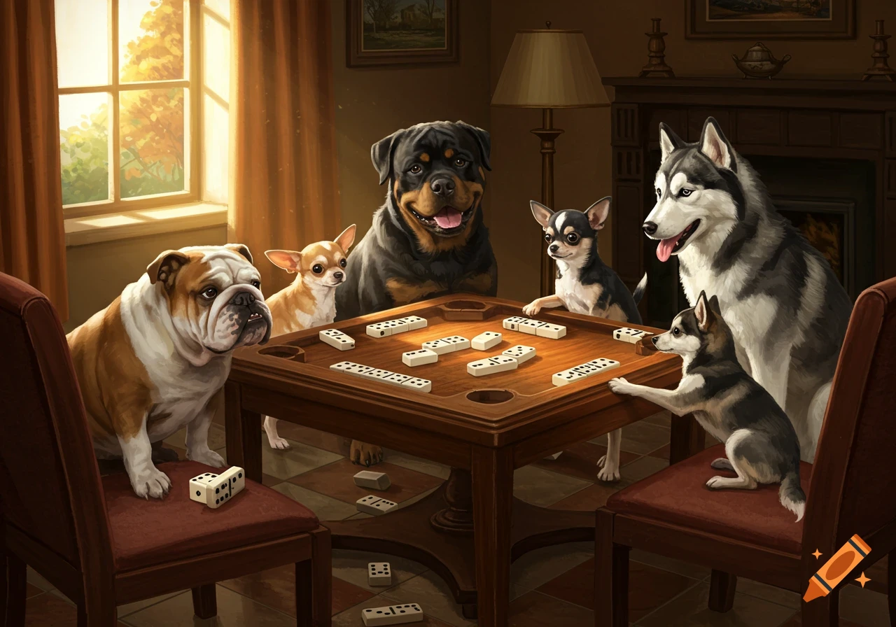 An English bulldog, Rottweiler, Husky, and two Chihuahuas play dominoes around a wooden table in a sunlit room.