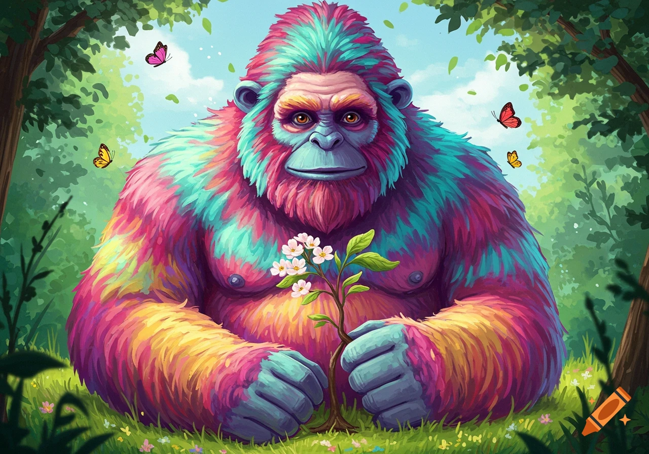 A colorful, tie-dye textured sasquatch or gorilla sits in a lush forest, holding a small flowering plant. Butterflies flutter around it.