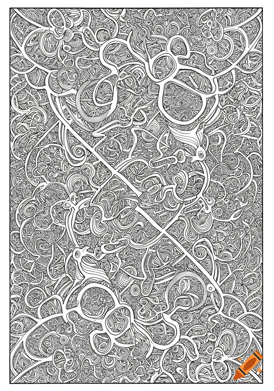 A black and white abstract artwork featuring a dense, intricate pattern of swirling and interconnected lines.