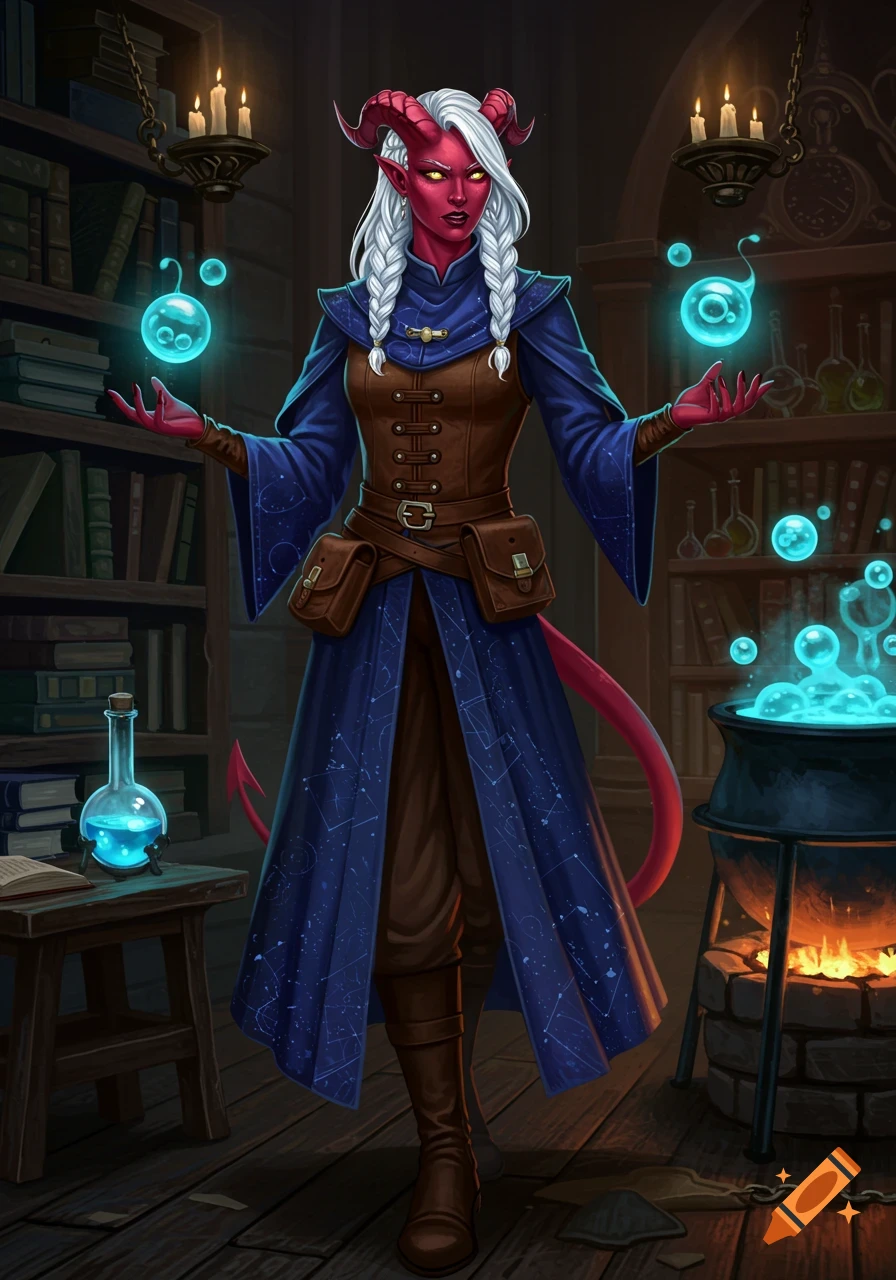 A red-skinned tiefling woman with white braided hair in blue wizard robes stands in a magical library, holding glowing blue orbs.