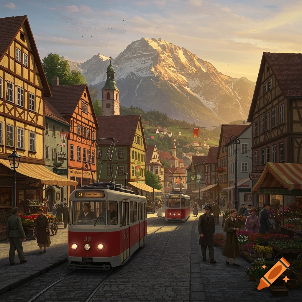 A picturesque 1950s street in an alpine city, with trams on cobblestone streets, half-timbered buildings, and snow-capped mountains.