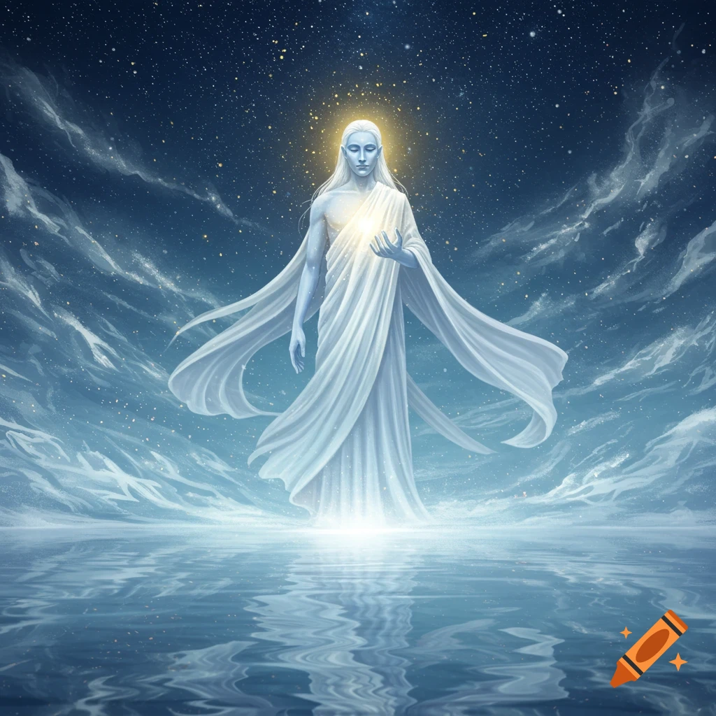 A luminous, god-like figure with glowing hair and a bright hand stands on water under a starry sky.