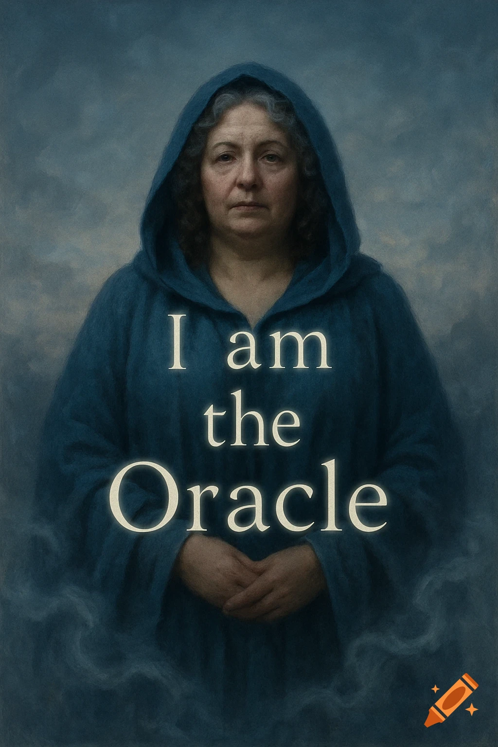 A serious woman in a blue hooded robe with "I am the Oracle" text overlaid, against a dark, misty background.