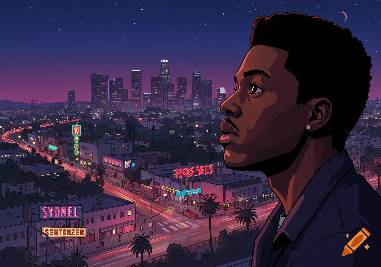 An urban cartoon illustration of a young Black man looking over a sprawling Los Angeles cityscape at night, with bold outlines and neon signs.