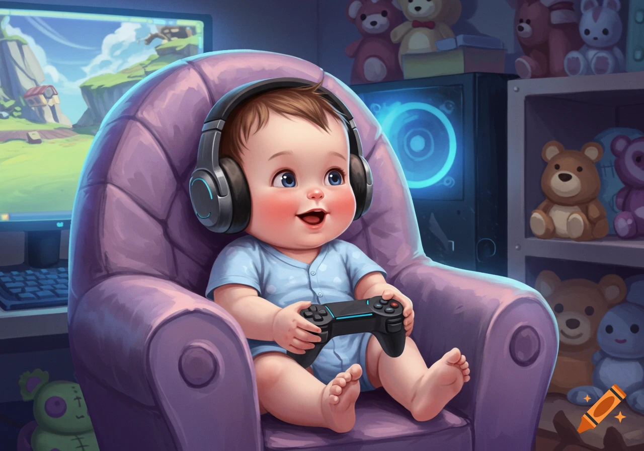 A cute, stylized baby in a purple chair, wearing headphones and holding a controller, looking at a gaming PC monitor.
