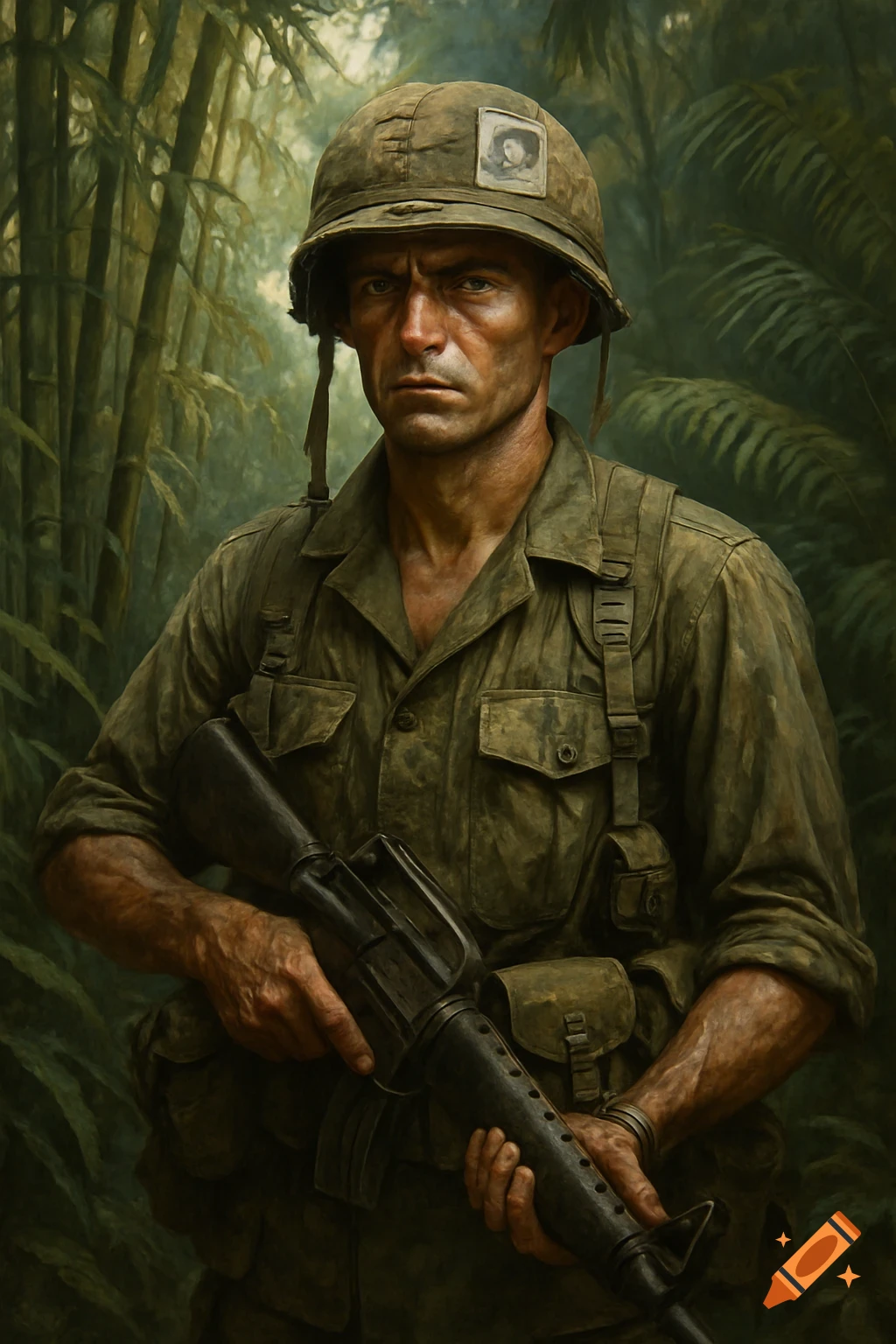 A realistic painting of a stern-looking Vietnam-era soldier in a jungle, holding a rifle.