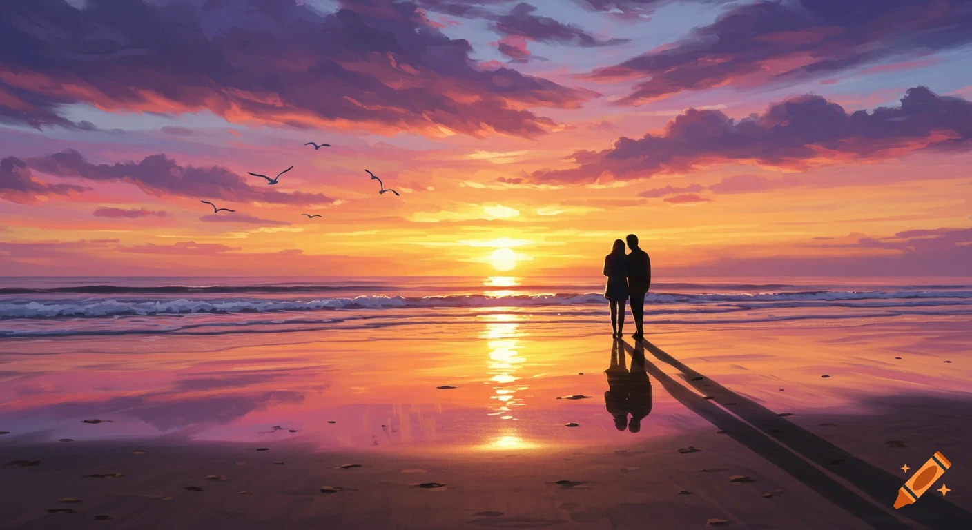 A digital painting of a couple silhouetted against a vibrant orange and purple sunset over a beach and ocean.