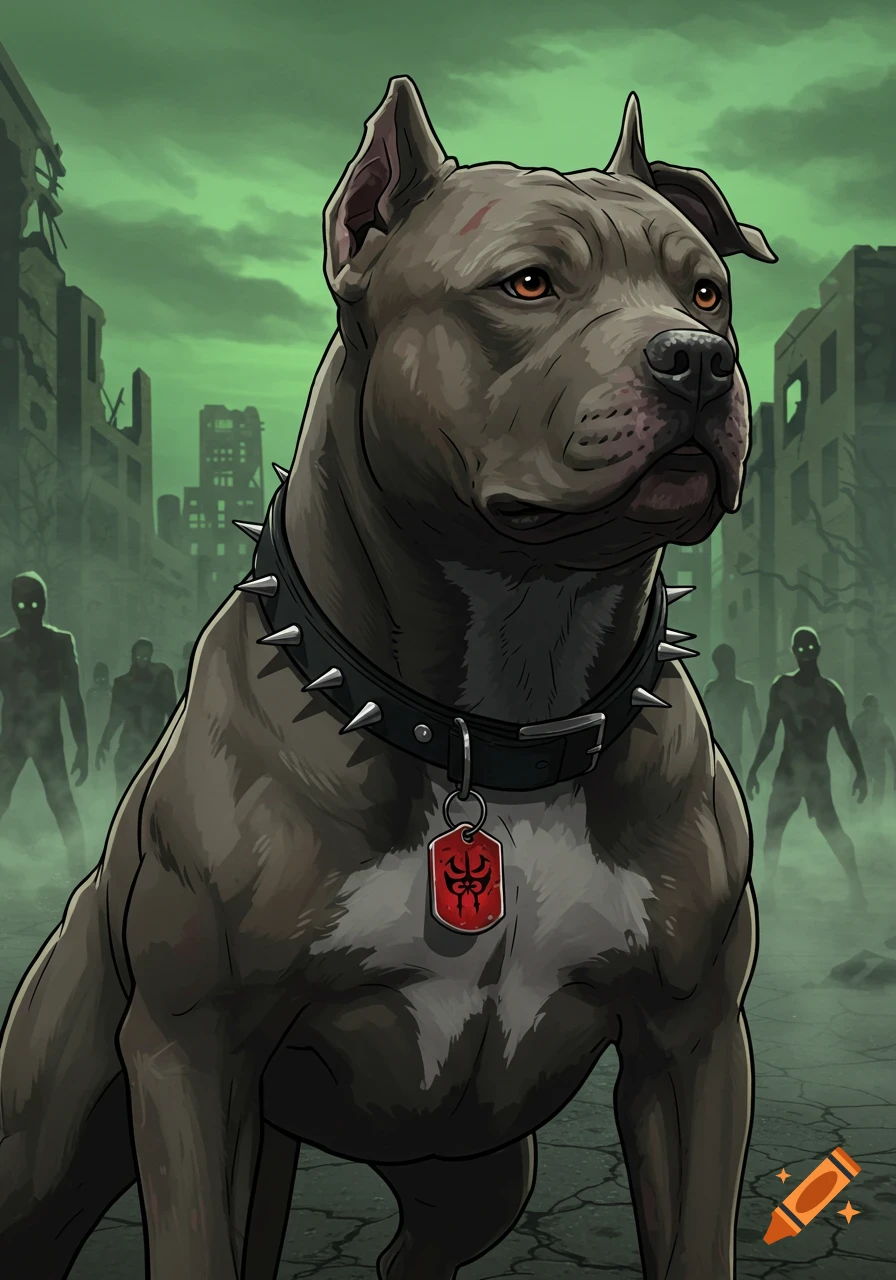 An anime-style pit bull with a spiked collar and a red tag stands in a desolate, green-tinted cityscape with silhouetted zombies in the background.
