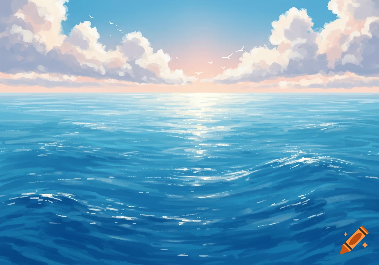 A calm blue ocean under a partly cloudy sky with distant birds.