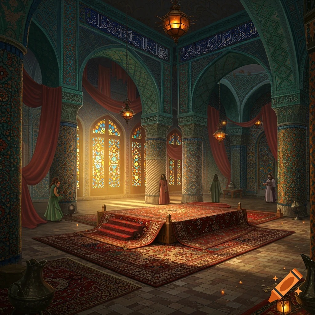 Grand Persian-style hall with intricate tile work, arched doorways, stained glass windows, and a raised platform with red carpets. Figures stand within the opulent space.