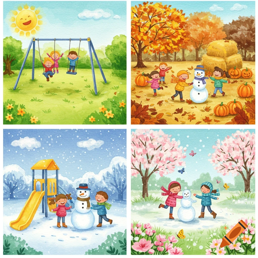 Watercolor illustrations of children playing in a park across four seasons: summer, fall, winter, and spring.