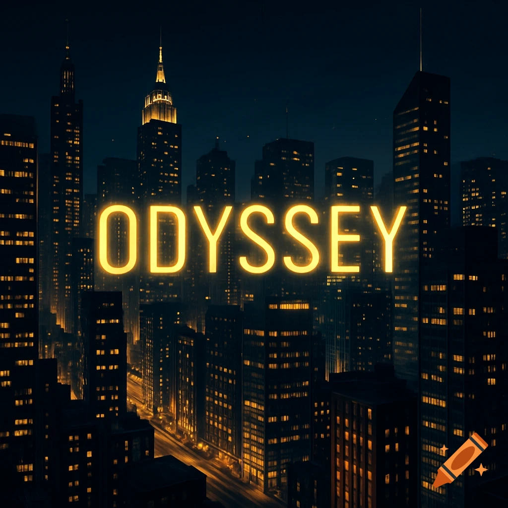 Glowing yellow text 'ODYSSEY' over a dark night cityscape with illuminated tall buildings and city lights.