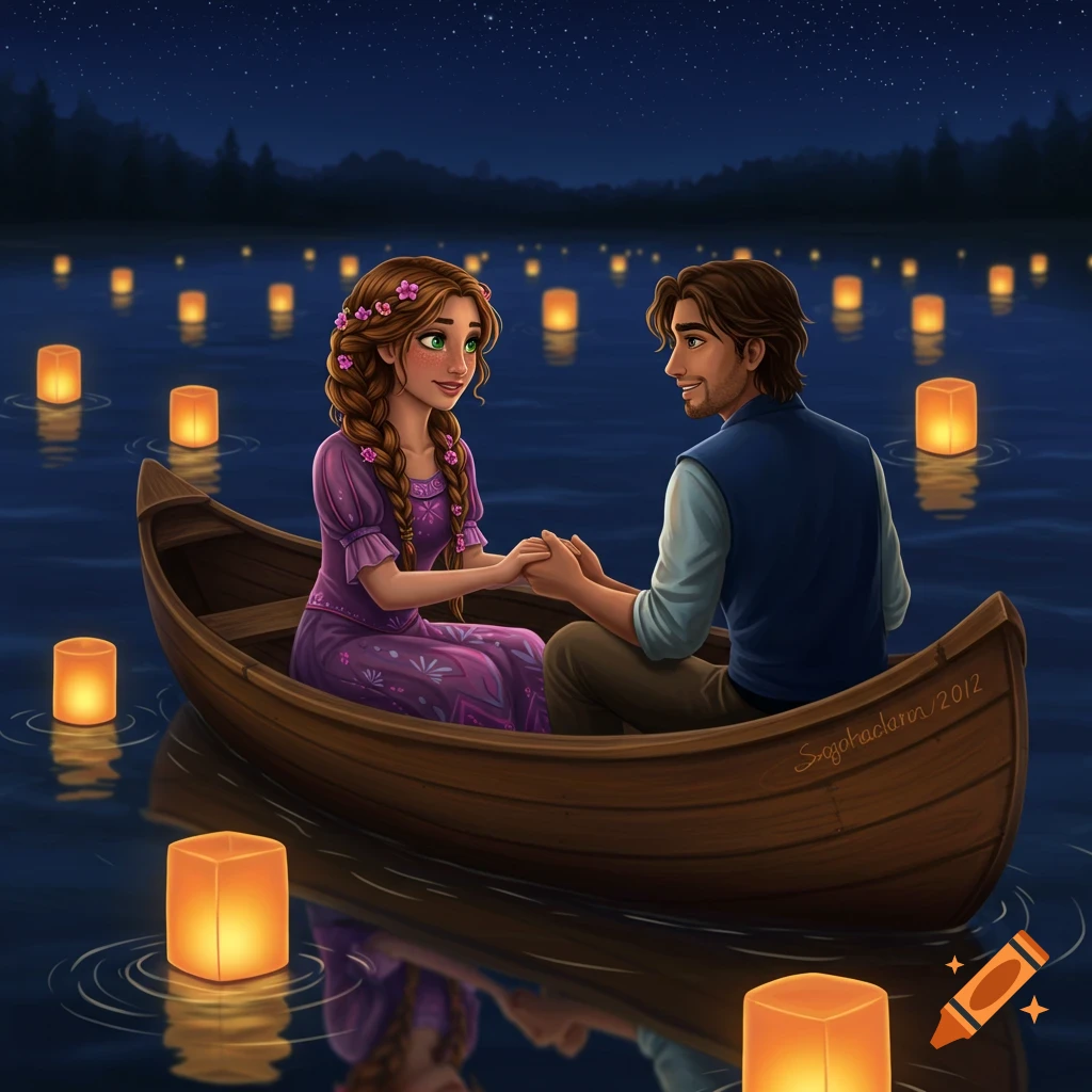 An illustrated couple in a canoe on a lake at night, holding hands, surrounded by glowing lanterns.