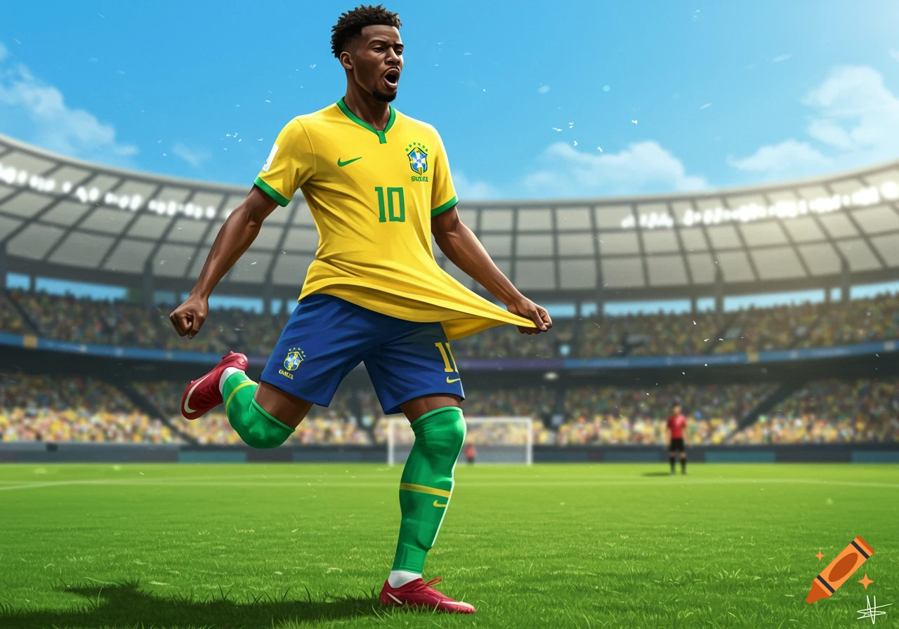 A male soccer player in a yellow Brazil kit with the number 10, blue shorts, and green compression socks, stands on a green field in a stadium.