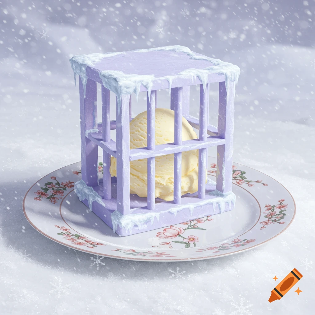 A scoop of vanilla ice cream trapped inside a purple, ice-covered cage, sitting on a floral plate in a snowy, surreal scene.