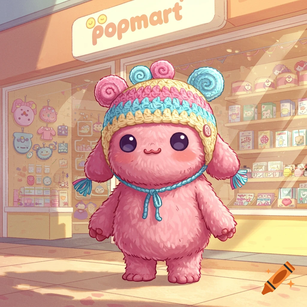 A pink fluffy monster wearing a colorful crocheted hat stands in front of a Pop Mart store.