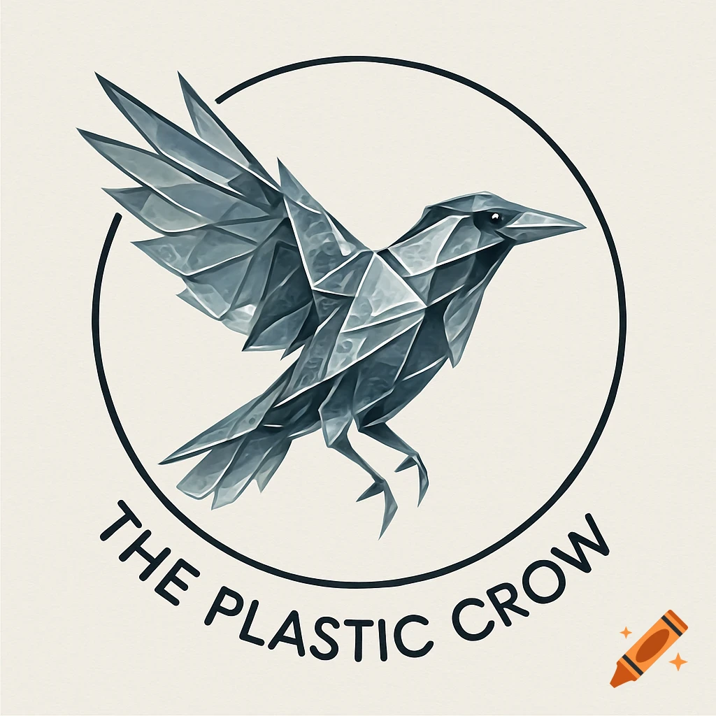 A geometric-style crow flying within a black circle logo, with the text 'THE PLASTIC CROW' beneath it.