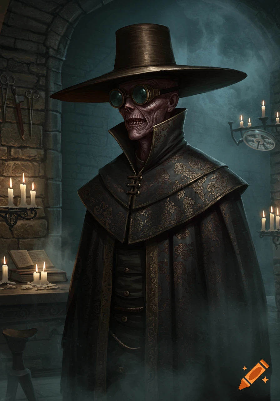 A gaunt medieval surgeon with goggles, a wide-brimmed hat, and a patterned cloak stands in a dimly lit stone room with candles and books.