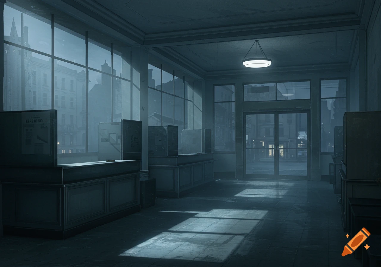 A dimly lit, empty bank or hall interior with large windows, counters, and a single ceiling lamp.