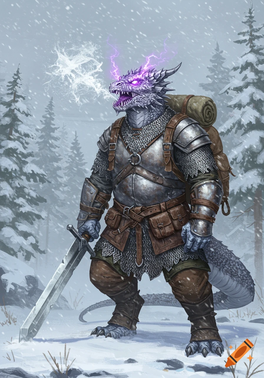 A detailed illustration of a silver-scaled dragonman warrior exhaling a freezing blast in a snowy forest, armored in chainmail and wielding a massive sword.
