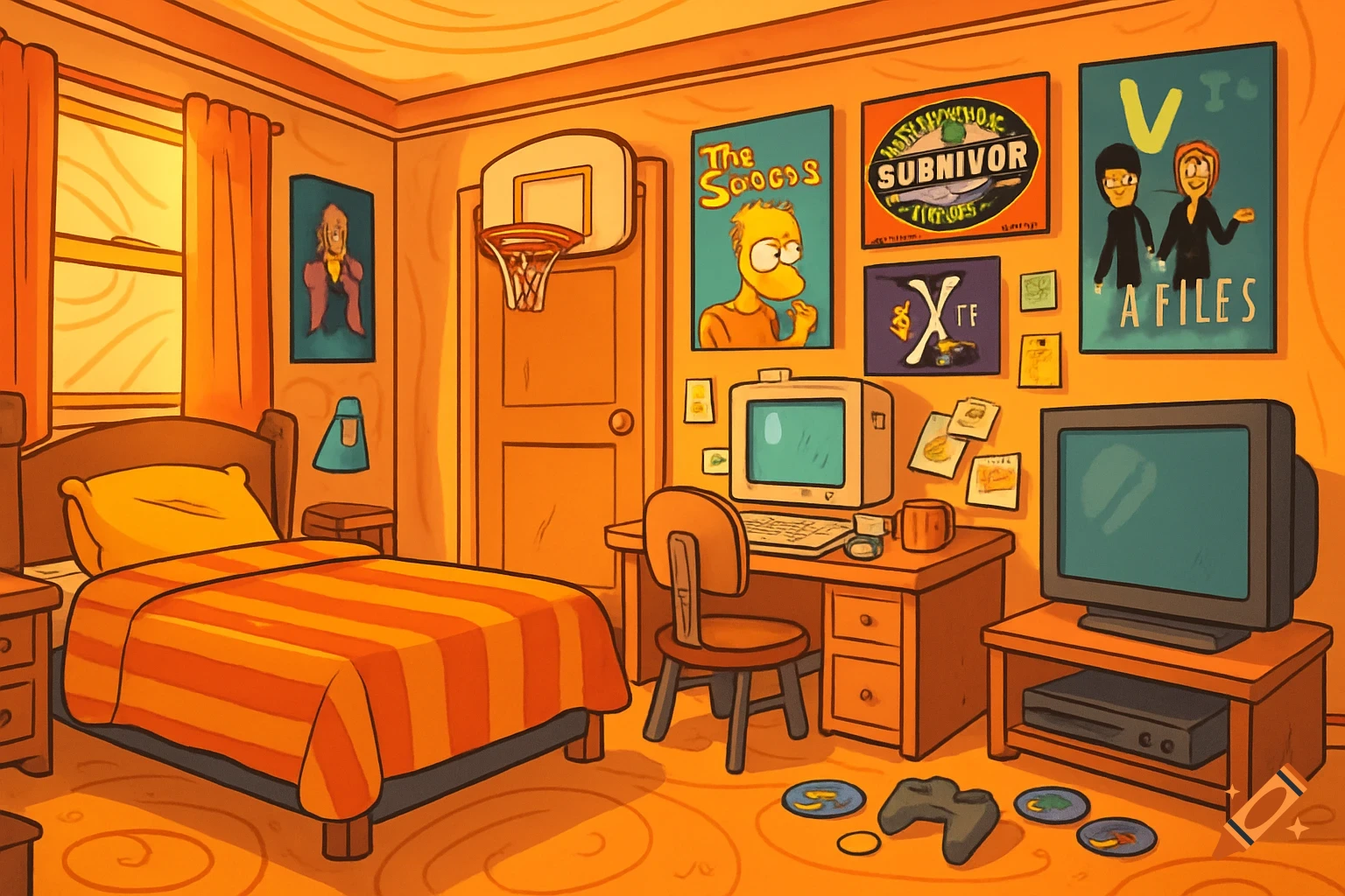 Cartoon illustration of a messy 2000s-style bedroom with a bed, desk, computer, TV, basketball hoop, and posters.
