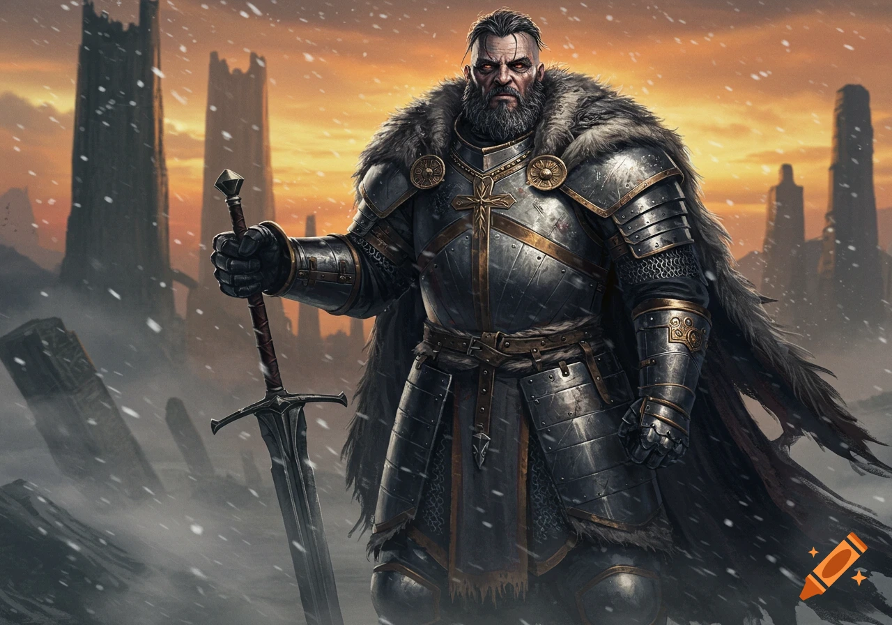 A bearded knight in detailed armor and a fur-lined cloak stands in a snowy, ruined landscape at sunset, holding a large sword.