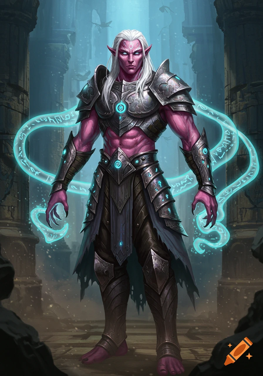 A powerful pink-skinned Kalashtar male in ornate heavy armor, glowing with blue psionic energy, stands in ancient ruins.