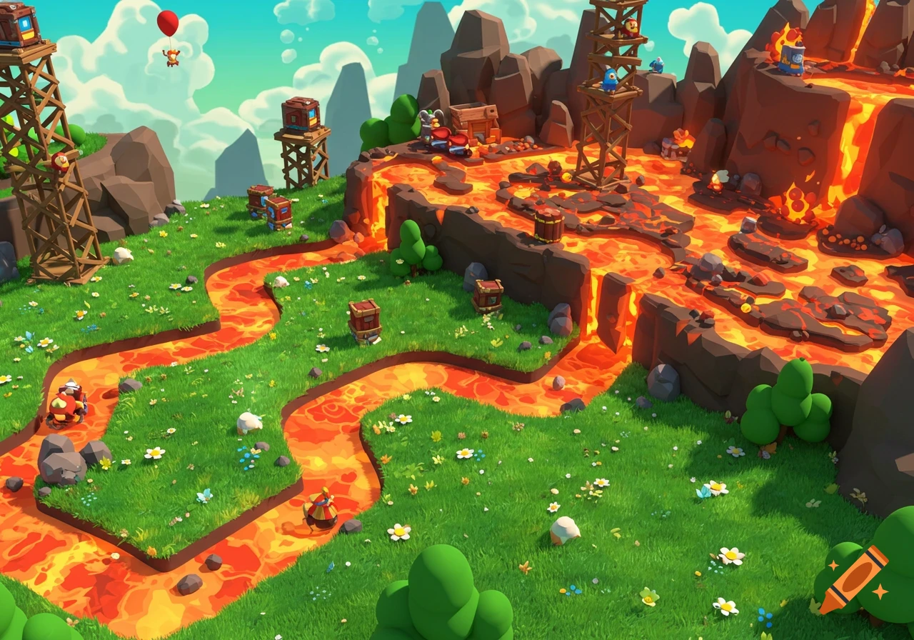 Cartoonish 3D game map with winding lava rivers, green hills, towers, and small characters.