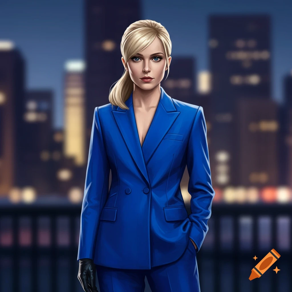 A blonde woman with a ponytail, wearing a blue pantsuit and black gloves, stands against a blurred city skyline at dusk.