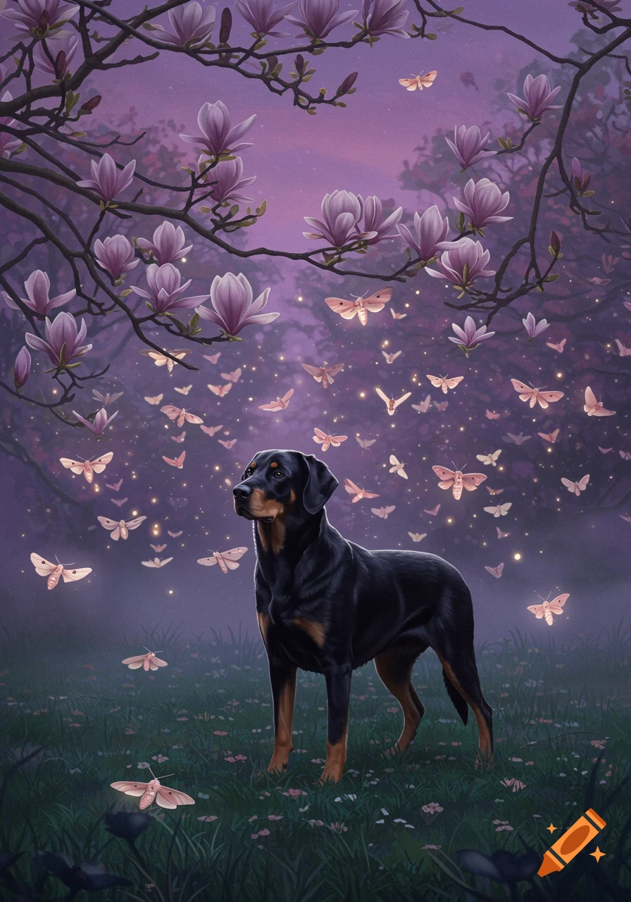 A black and tan dog stands in a magical purple forest with glowing pink moths flying around blooming magnolia trees.
