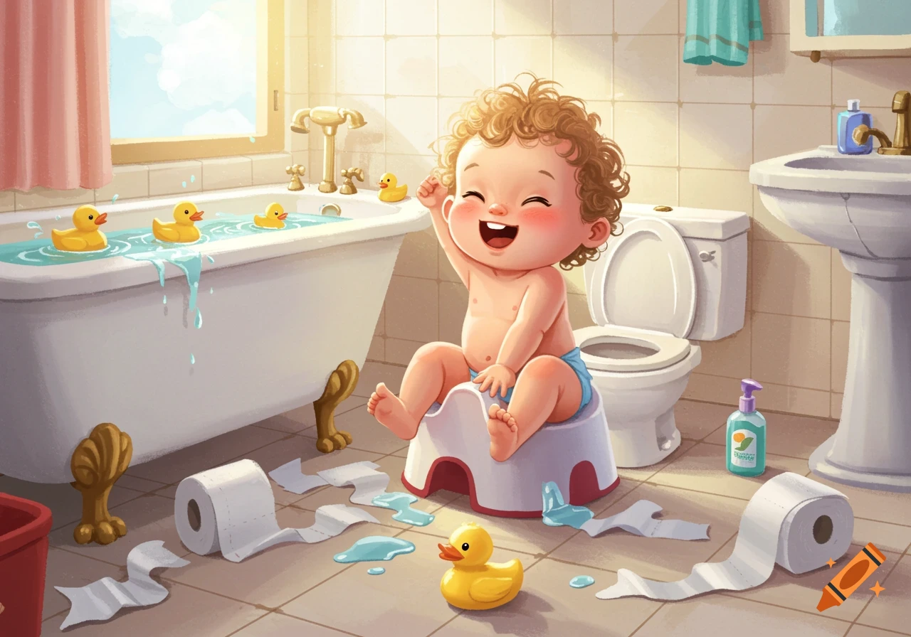 Cartoon illustration of a happy baby sitting on a potty in a messy bathroom with rubber ducks and toilet paper.