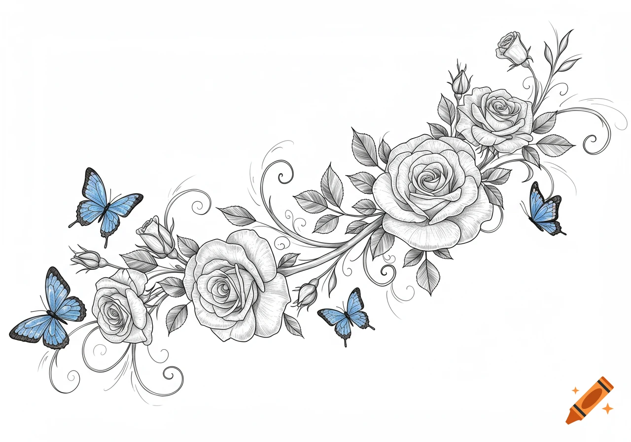 A detailed line art tattoo design featuring white roses, leaves, and blue butterflies arranged on a curving vine.