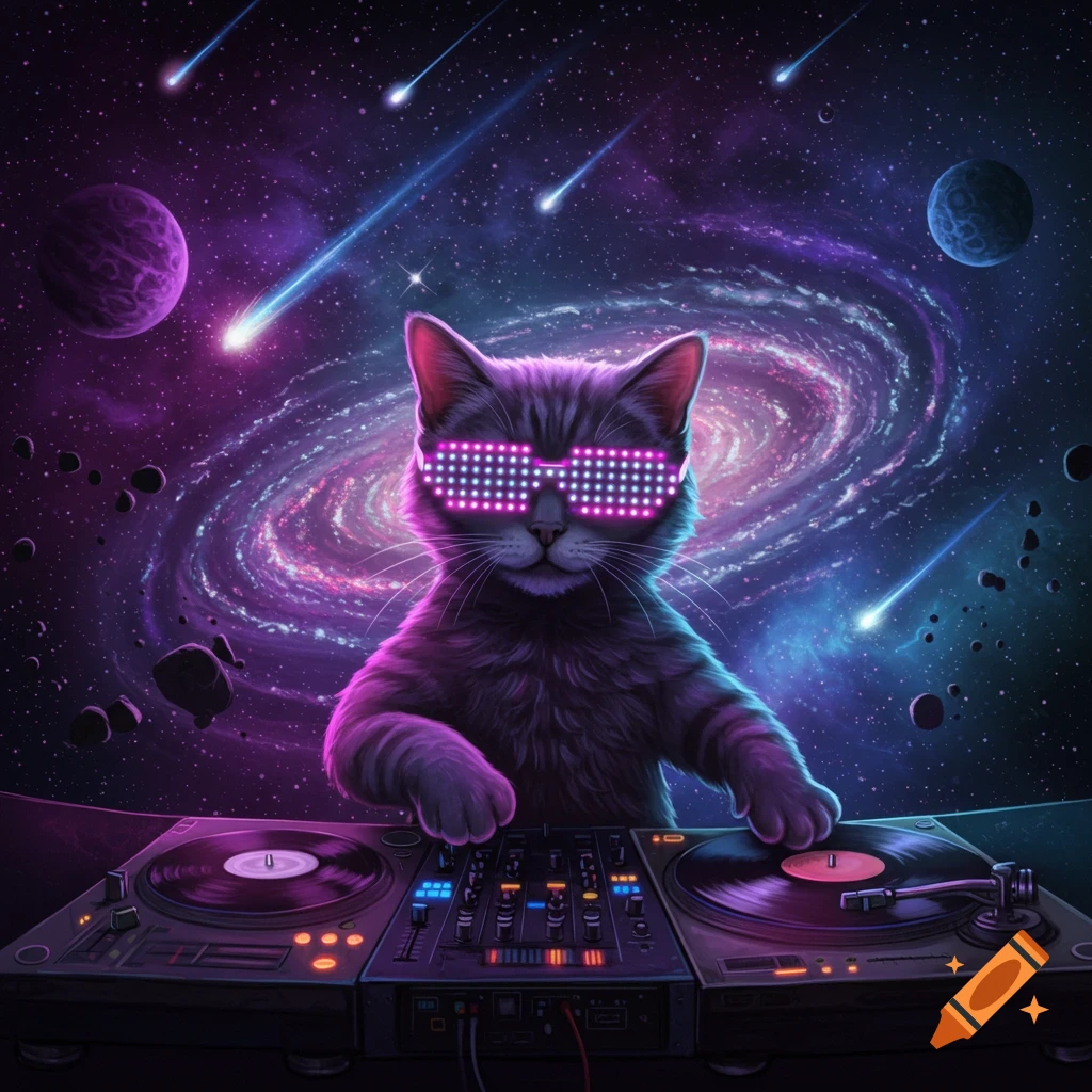 A cool cat wearing glowing LED glasses operates a DJ mixing board in outer space with planets, a galaxy, and shooting stars in the background.