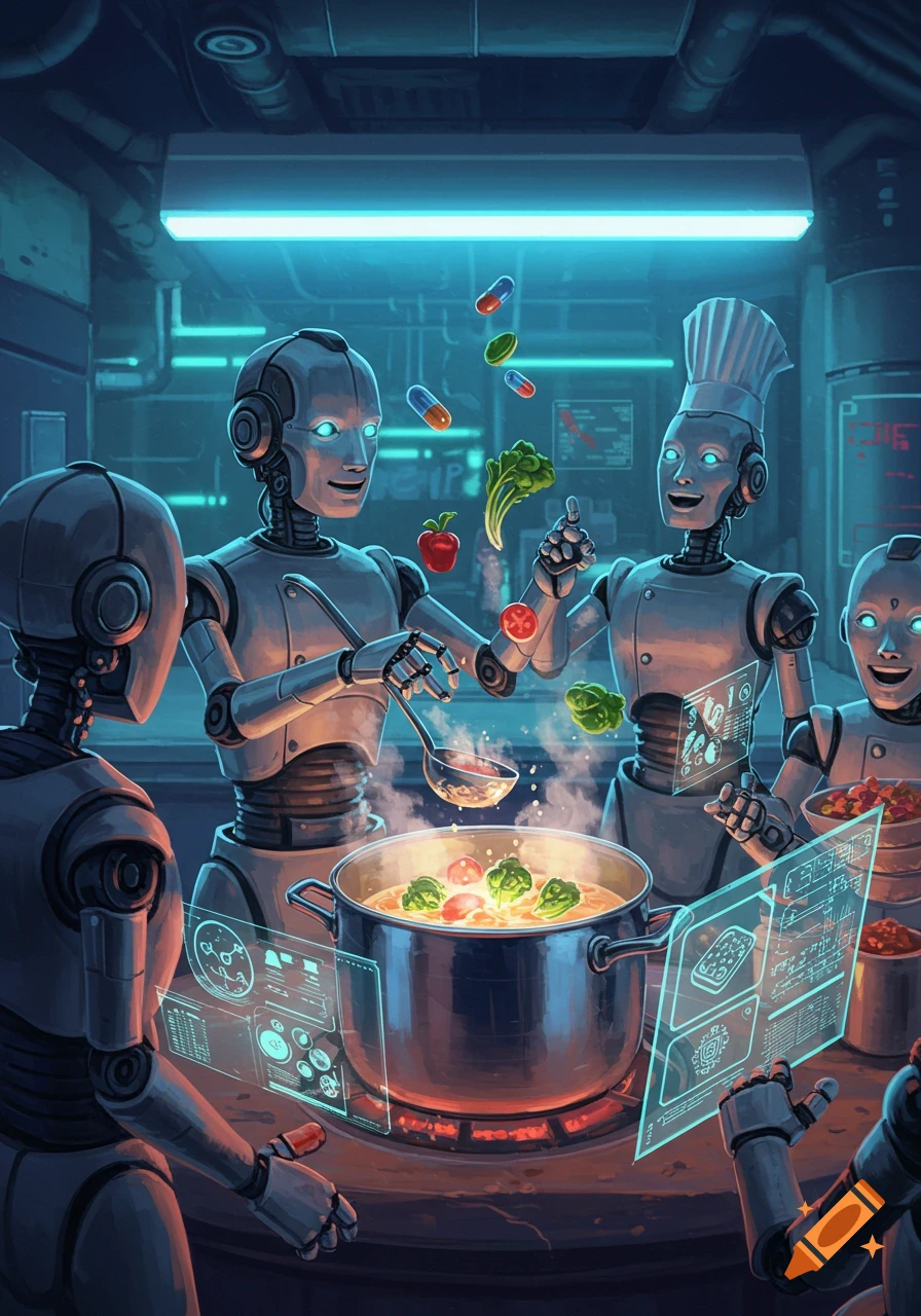 Three robots in a futuristic kitchen cooking, with glowing holographic screens and floating ingredients, in a digital art style.