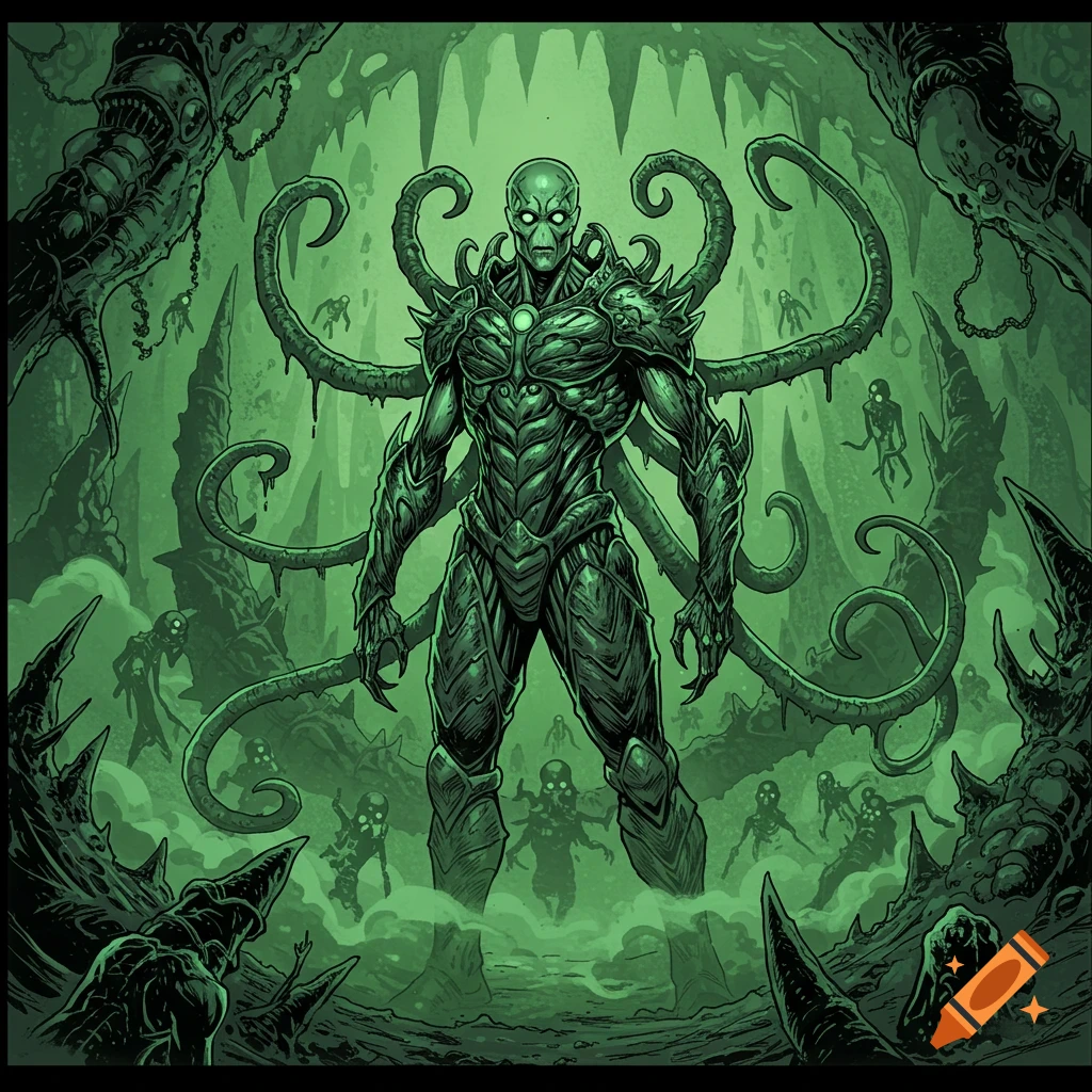 Comic book illustration of a green biomechanical alien villain with tendrils in a dark, gothic alien landscape.