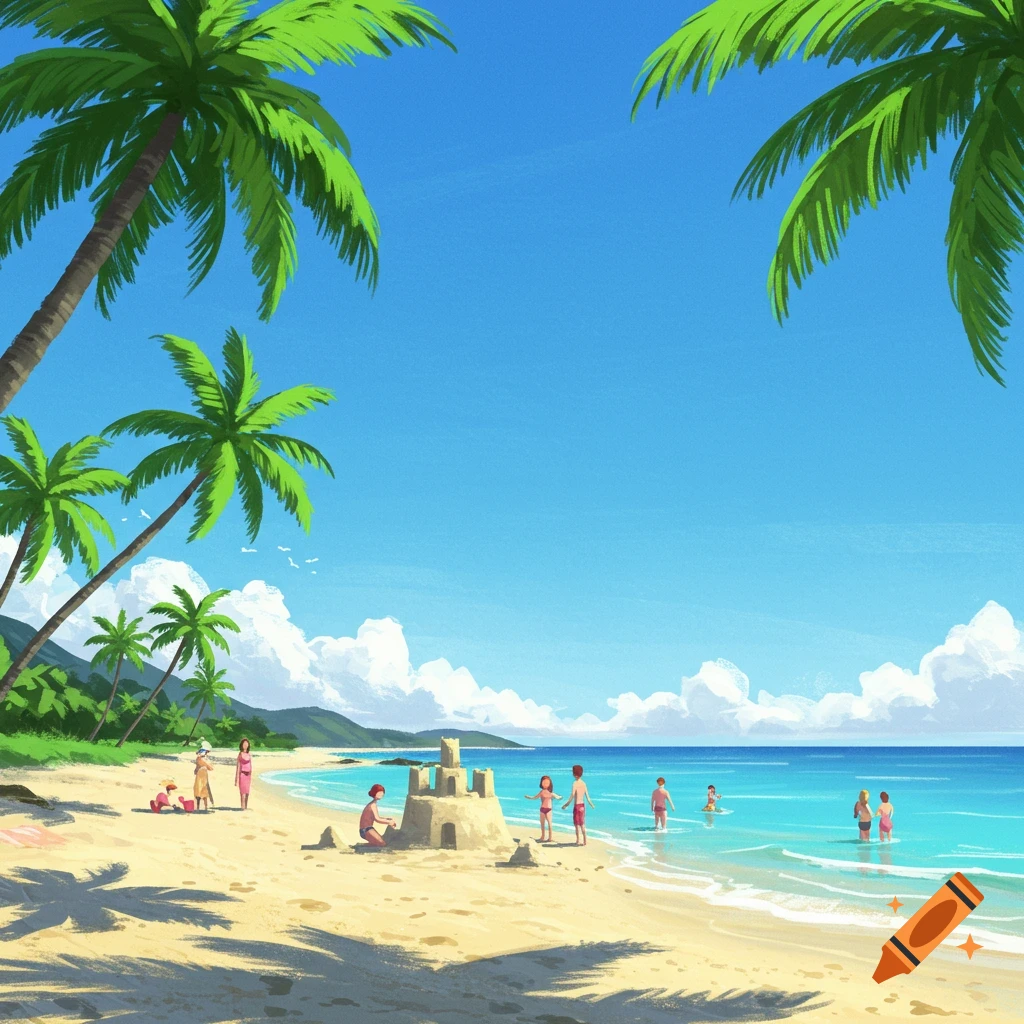 An illustration of a sunny beach with palm trees and people playing, including building a sandcastle.
