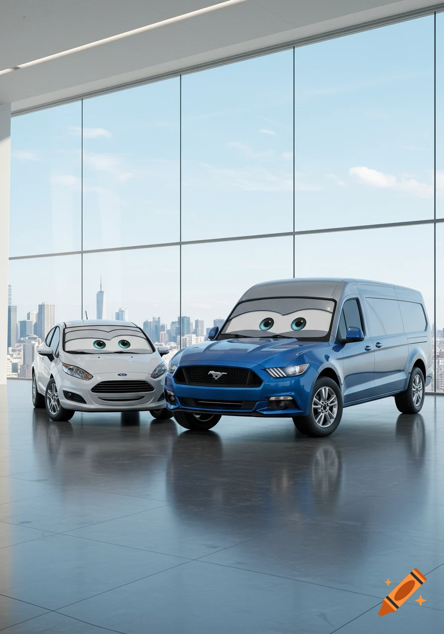 A white Ford Fiesta and a blue Ford van with a Mustang front, both with large cartoon eyes on their windshields, are parked in a bright, modern car showroom with large windows overlooking a city skyline.