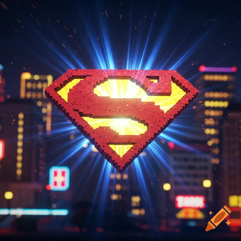 A 3D pixelated Superman logo glows brightly over a blurry cityscape at night.