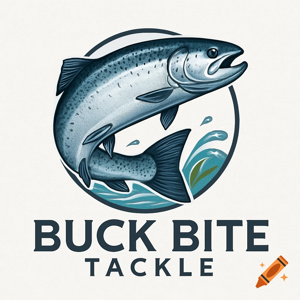 A logo featuring a jumping steelhead fish within a circle above the words BUCK BITE TACKLE.
