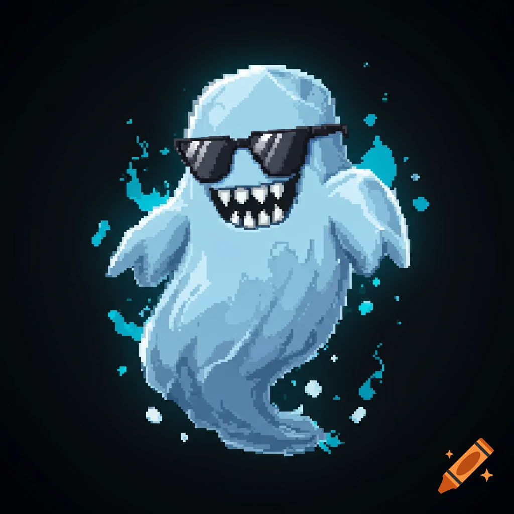 A cool pixelated light blue ghost wearing black sunglasses and showing sharp teeth, with blue splatters in the background.