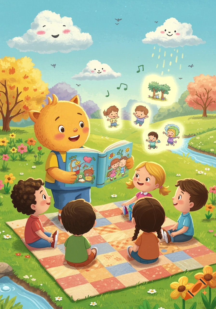 A friendly orange monster in overalls reads a storybook to a group of diverse children sitting on a checkered picnic blanket in a vibrant green park. Cheerful clouds with faces float in the blue sky.