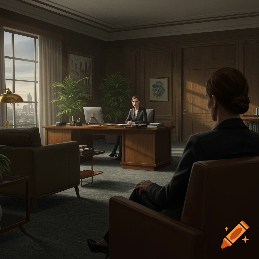 Over a woman's shoulder, another woman in a suit sits at a large wooden desk in a posh, well-furnished office with large windows. Photorealistic style.