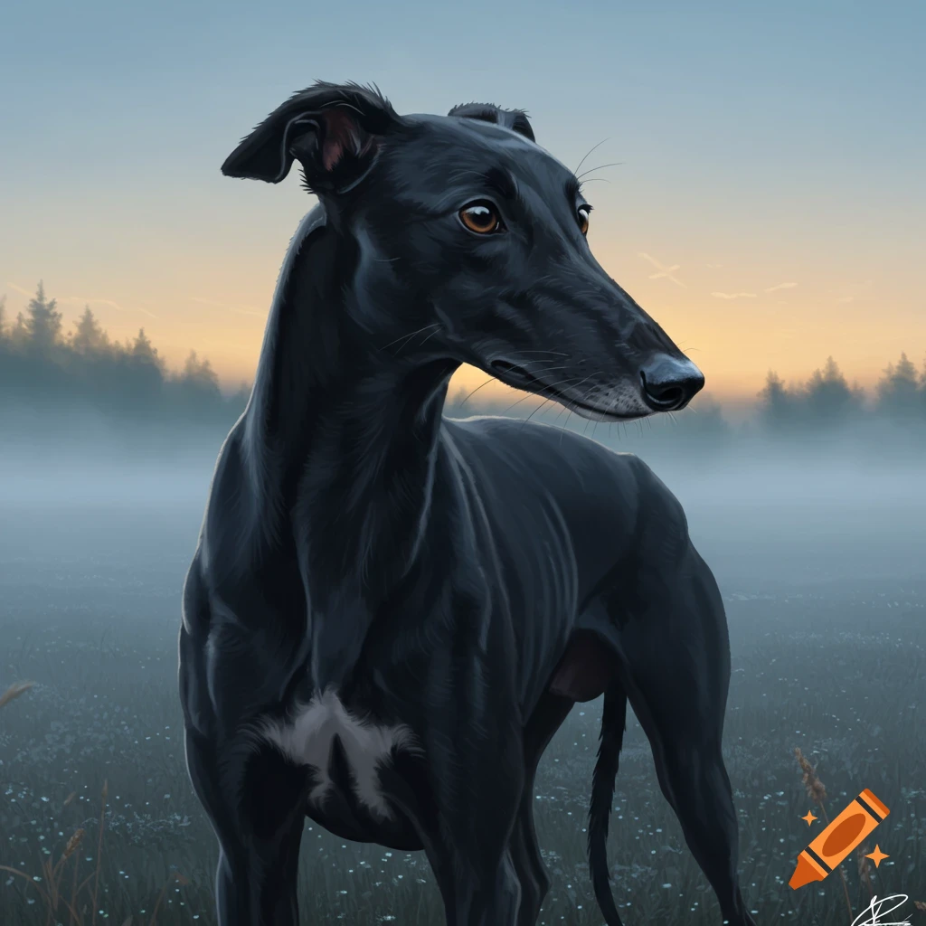 A sleek black greyhound stands alert in a misty field at sunrise, looking to the right. Tall trees are silhouetted in the background.