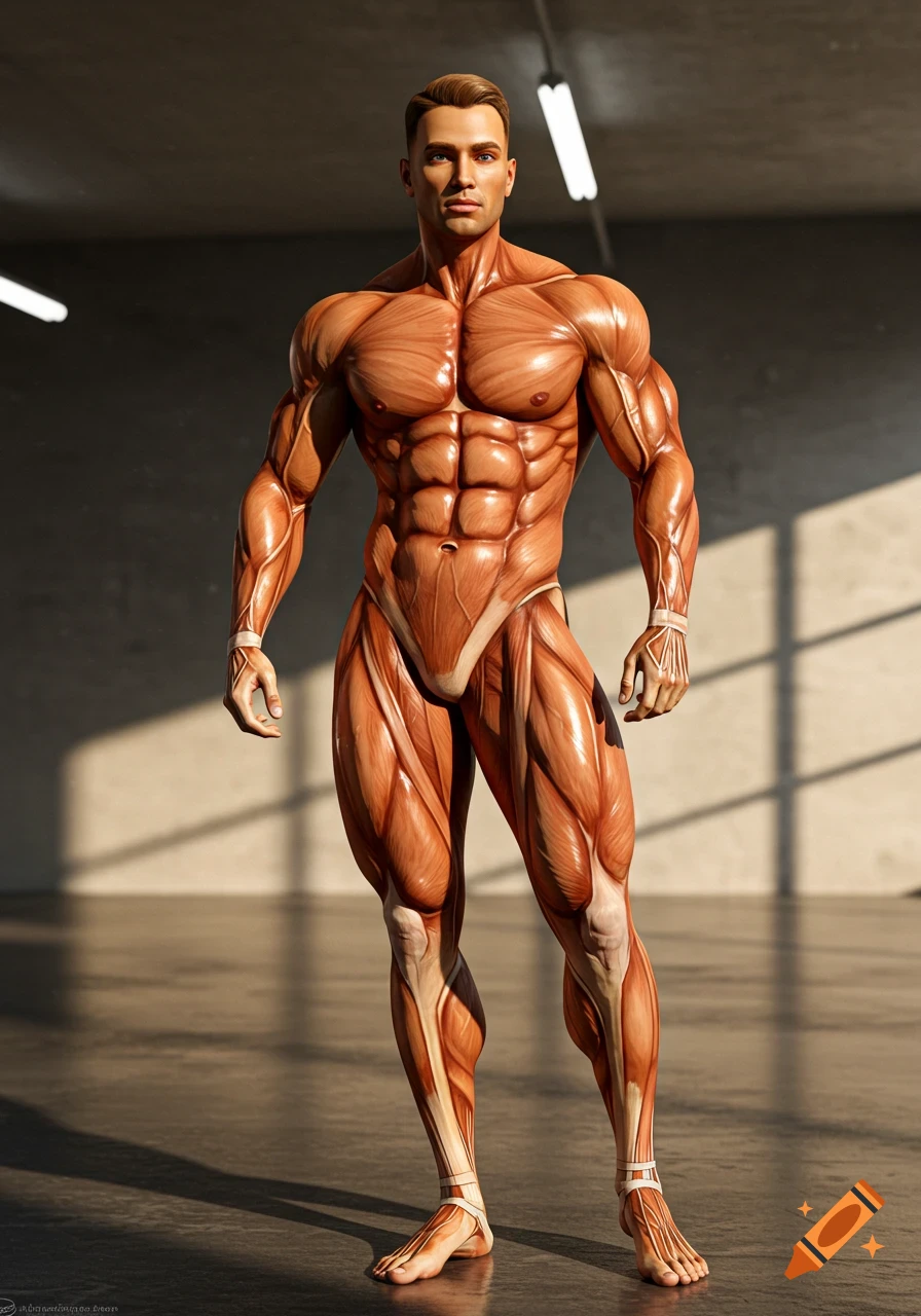 Photorealistic 3D rendering of an extremely muscular male anatomical figure, showing detailed musculature, standing in a gym.