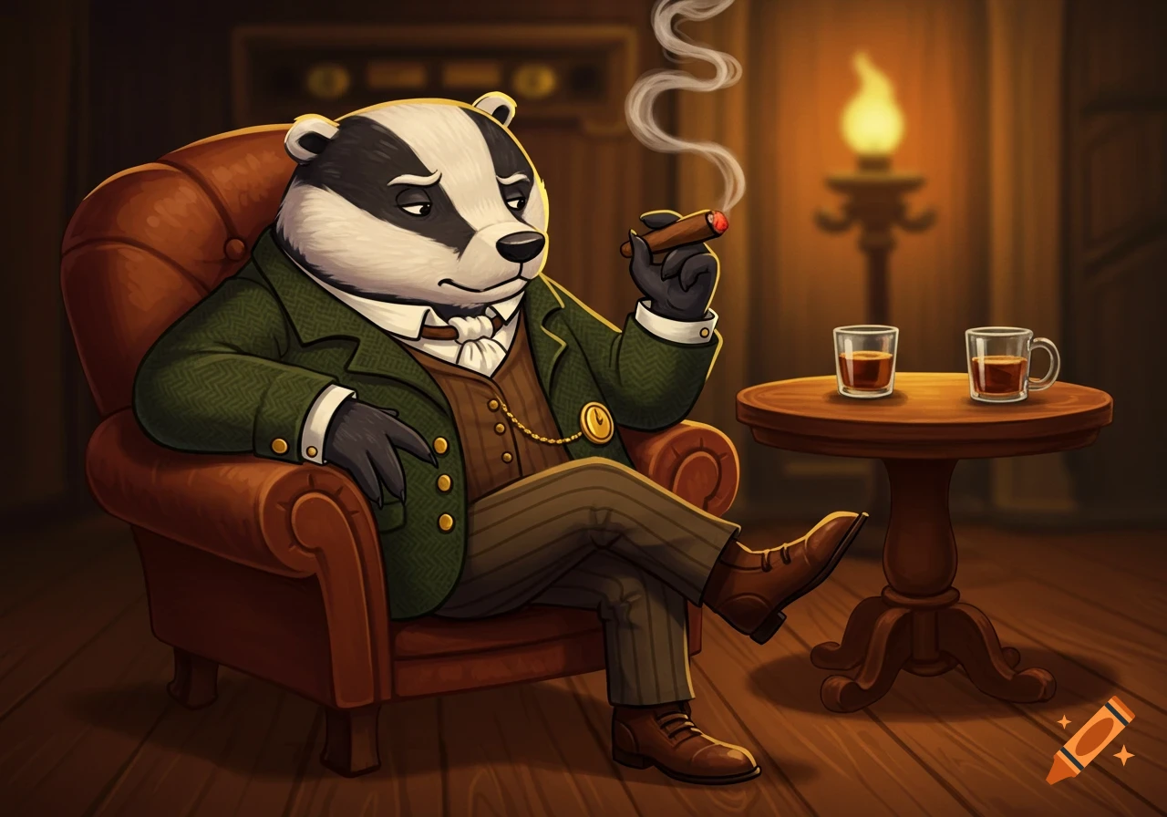 A cartoon badger in a green tweed jacket and boots sits in an armchair, smoking a cigar, with drinks on a nearby table.