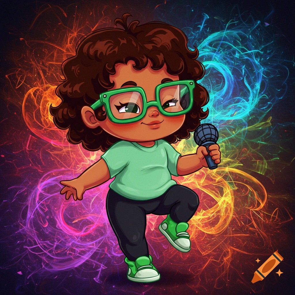 Cartoon baby character with brown skin, curly hair, green glasses, holding a microphone, against a colorful swirling background.